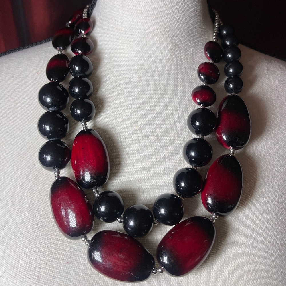 Chico's Double Strand Necklace With Large Red & Black Beads